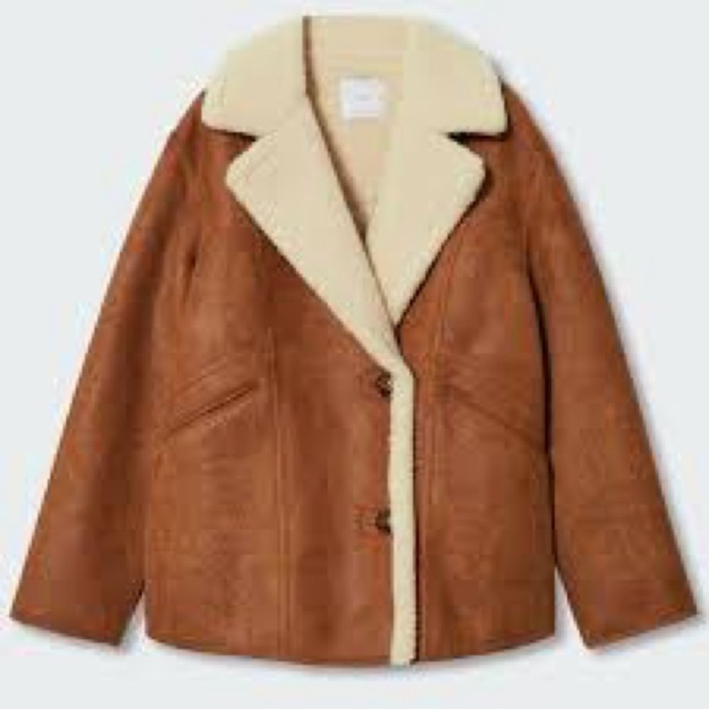 MANGO Oversized Cognag Tan Shearling Jacket Coat Size XS - Small Oversized